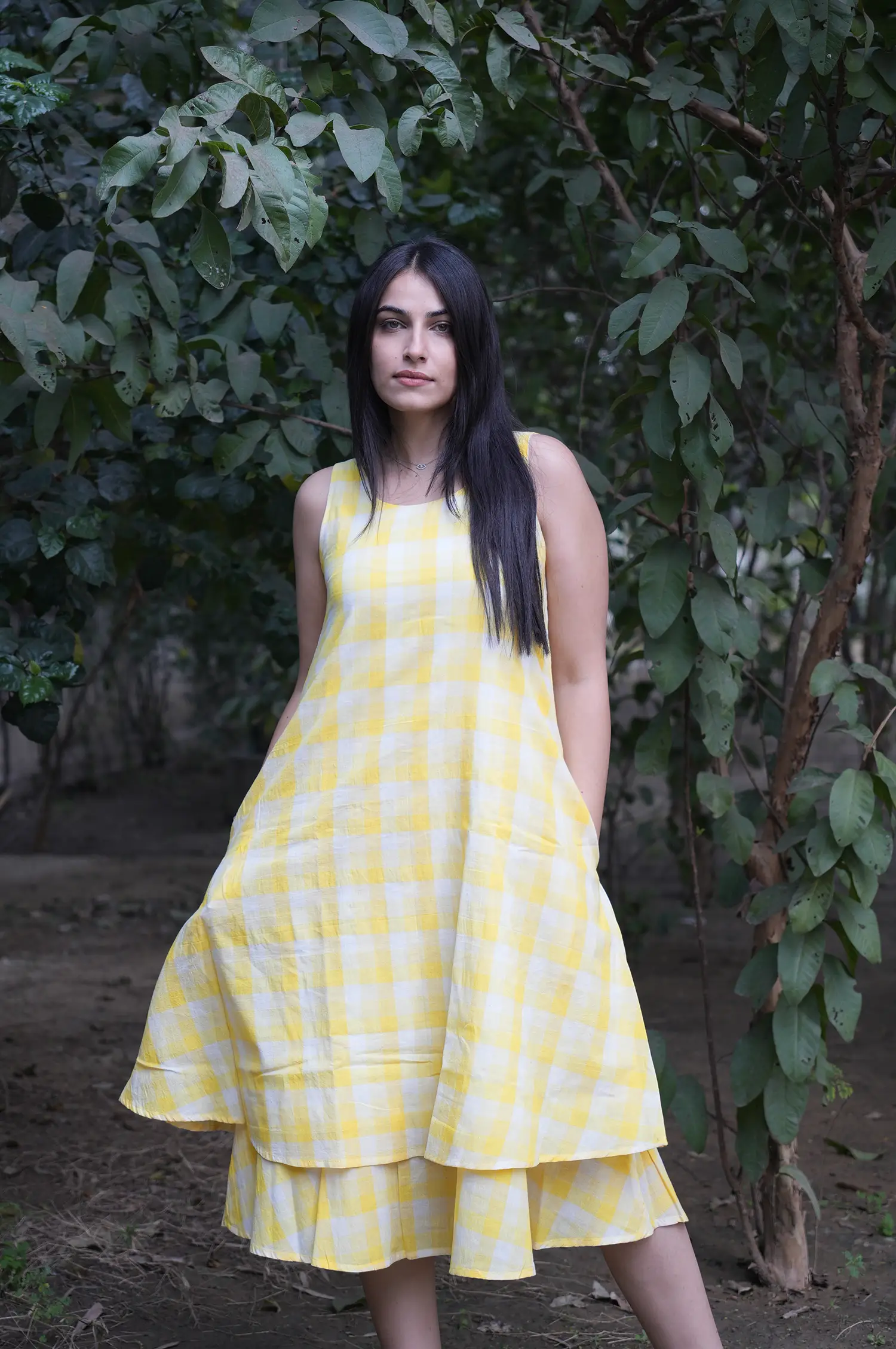 Yellow Check Khadi Sleeveless Dress (3)