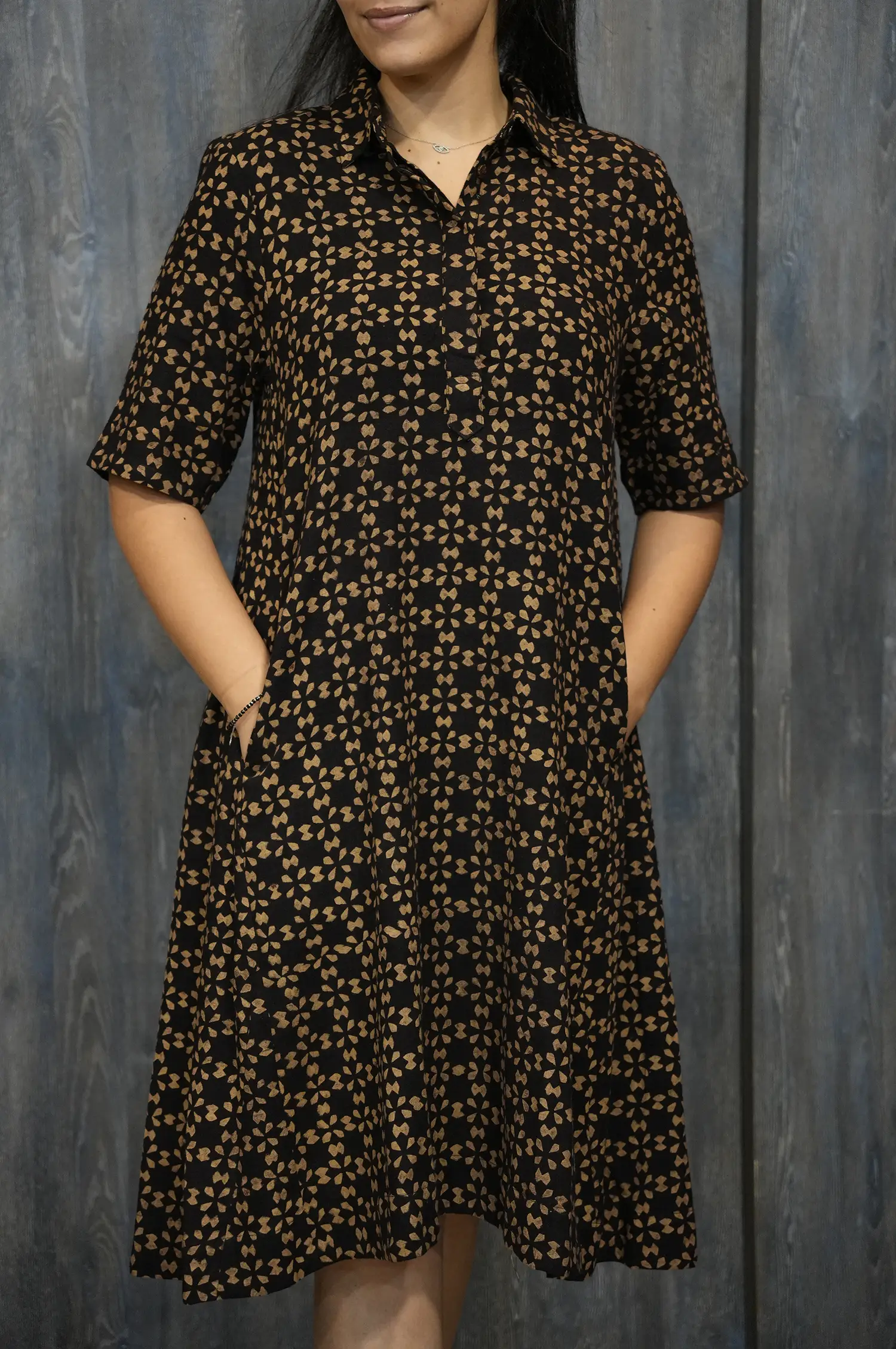 Black Khadi Shirt Dress with Geometric Print (2)