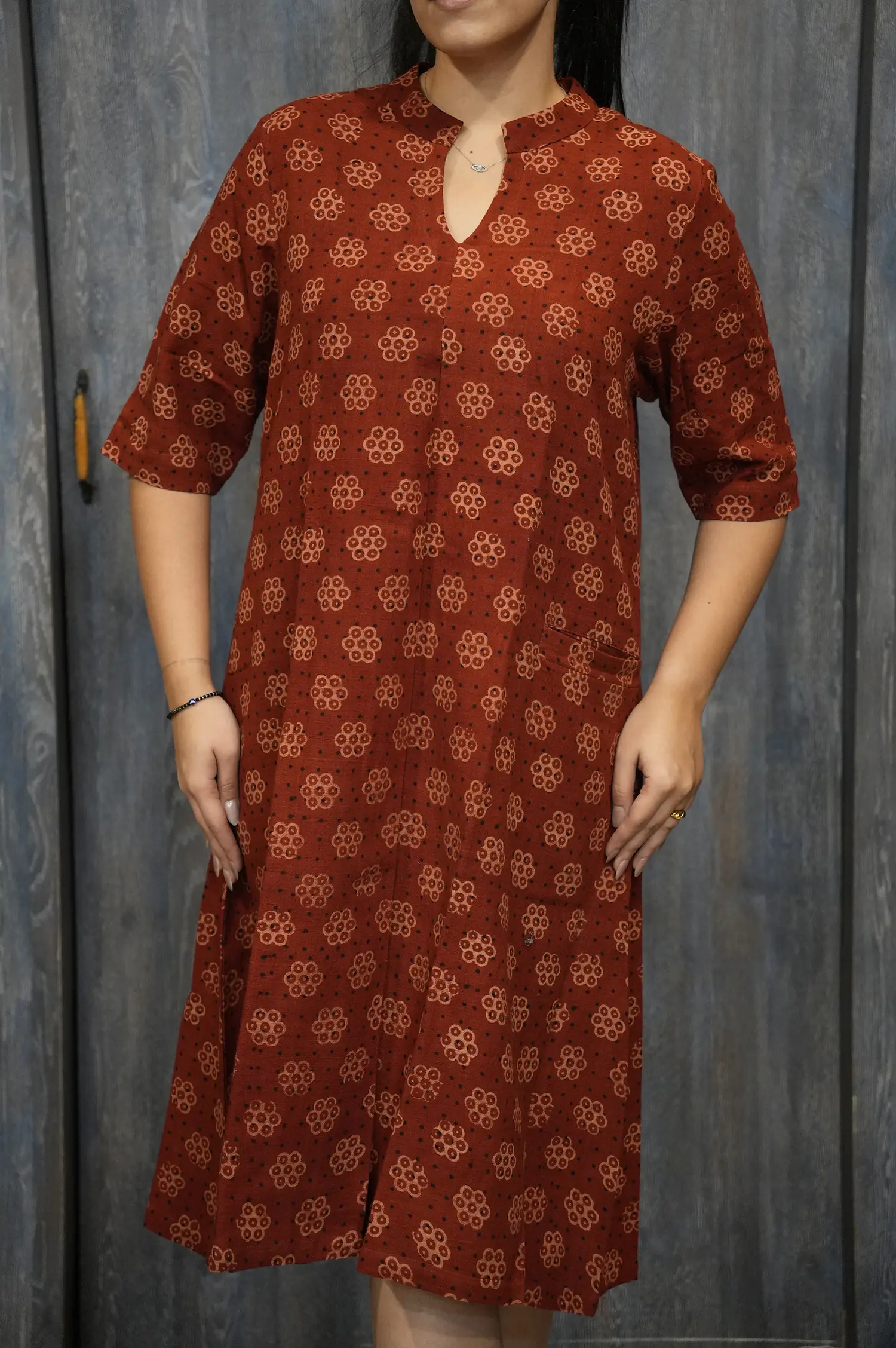 Symmetrical Golden Flowers on Red Khadi Dress (5)